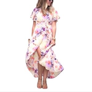 June & Hudson Tan Floral Plunge Wrap Dress - Size 1
